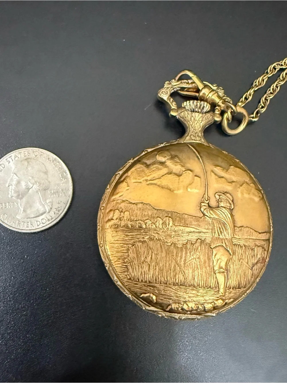 Vintage ARNEX 17 Jewel Incabloc Swiss Fisherman Gold Plated Chain Pocket Watch
